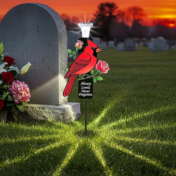 PYAN-Solar Cardinal Memorial Stakes for Graves - Metal Cemetery Decorations with LED Light, Sympathy Gift for Loss of Mother Mom Grandma, Garden Grave Markers (Red Cardinal)