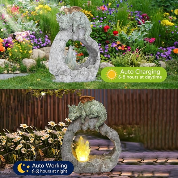 PYAN-Solar Dragon Garden Statues Outdoor, Resin Dragon Statue Solar Figurine Lights Outdoor Waterproof, Solar Sculpture Dragon Decor for Garden Yard Patio, Dragon Gifts for Mom Grandma Women
