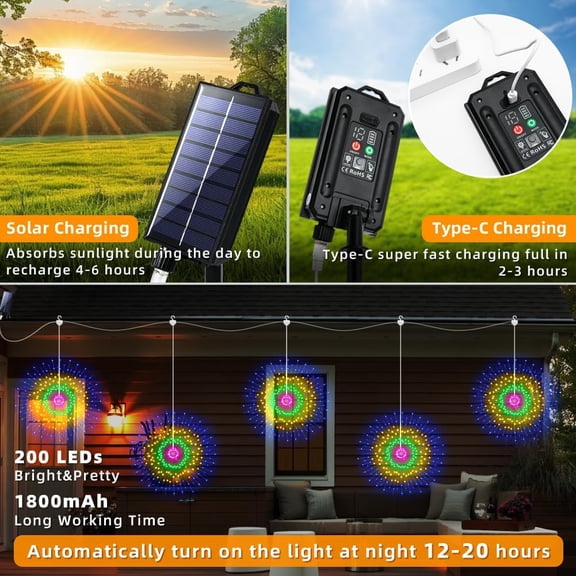 PYAN-Solar Firework Lights Outdoor,3Pack 600LED RGB Color Solar Hanging Fireworks String Lights Remote with USB Rechargerable for Garden Gazebo Porch Wedding Christmas Party Decor(Multicolor)