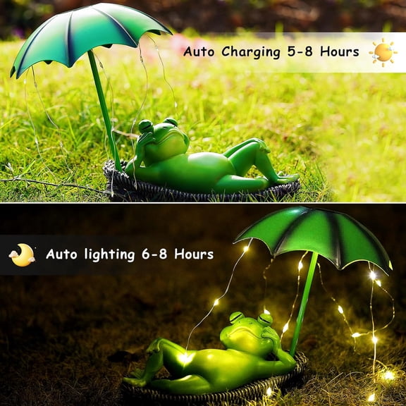 PYAN-Solar Frog Garden Decor, Garden Statue Light Frogs Umbrella Solar-Powered Figurines LED Lights for Patio, Lawn, Balcony, Outdoor Decoration