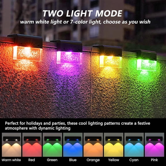 PYAN-Solar Garden Railing Lights, 4 Pack Waterproof LED Solar Lights Outdoor with Warm White/7 Color Changing Lighting for Step, Fence, Garden, Patio, Stairs, Yard