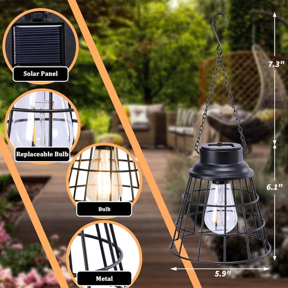 PYAN-Solar Lantern 2 Packs Outdoor Hanging Light Waterproof Solar Table Lamp with Warm White LED Edison Bulb for Garden Patio Yard, Small Lantern, Black