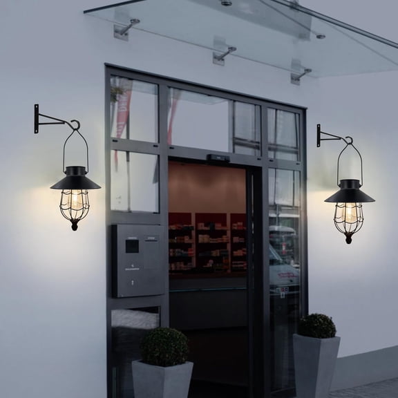 PYAN-Solar Lanterns Hanging Outdoor Metal Vintage Lantern Warm White Solar Lights lamp Waterproof Edison Bulb Design for Pathway Garden Patio Yard Tree Decoration (1 Pack Black)