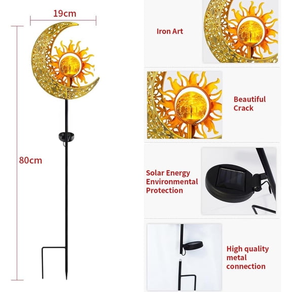PYAN-Solar Powered Sun and Moons Light, Garden Decorative Wrought Iron Beautiful Sun and Moons Ground lamp, Wireless Dusk to Dawn LED lamp Waterproof.