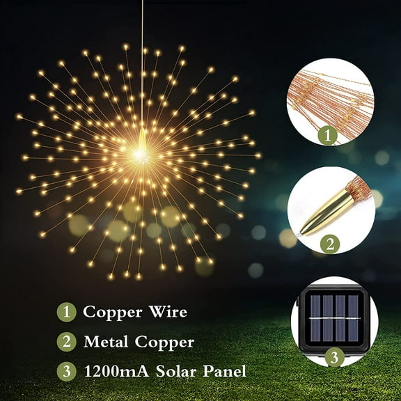 PYAN-Solar Starburst Sphere Lights,200 LED Firework Light, 8 Modes Dimmable Waterproof Hanging Fairy Light, Copper Wire Lights for Patio Tent Parties Christmas -NO Remote (Warm White)