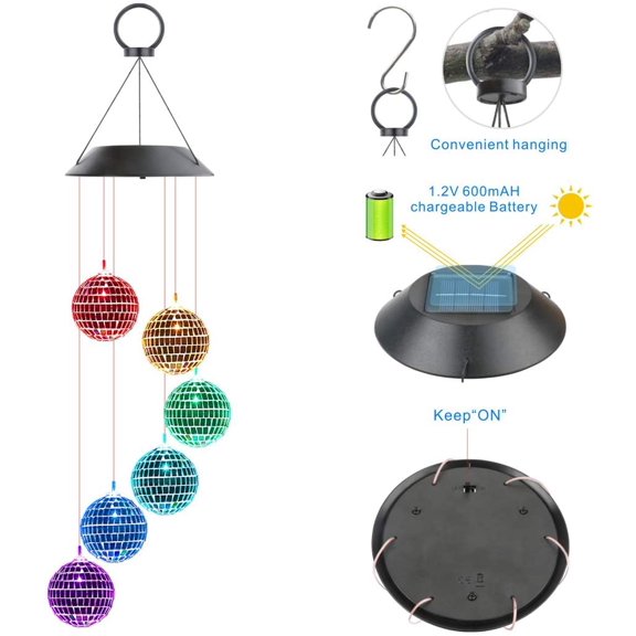 PYAN-Solar Wind Chimes, Mobile Hanging LED Light Color Changing Wind Chime Birthday Gift for Mom Mother Laddies and Garden Patio Yard Decoration (Ball)