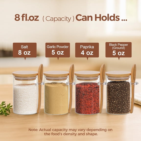 PYAN-Spice Jars with Spoon 8 oz 6Pack, Small Spice Containers Starter Set, Glass Seasoning Jars with Labels, Round Seasoning Containers for Salt, Pepper, Chili Powder, Sugar, Loose Tea Storage