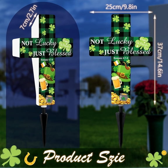 PYAN-St. Patrick's Day Solar Stake Lights Outdoor Memorial Garden Stake Cross for Grave Cemetery Buffalo Plaid Rustic Farmhouse Shamrock Garden Decor Solar Cross for Patio Pathway Decoration