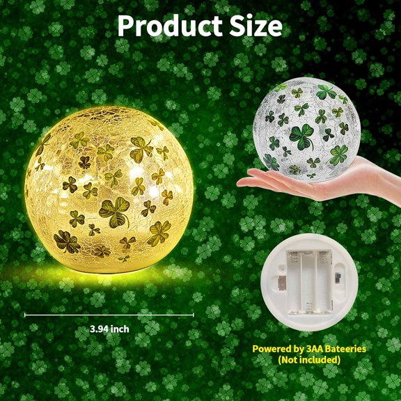 PYAN-St Patricks Day Decorations Lights, Lighted Glass Ball Tabletop Irish Decor LED Night Light with Clover Pattern,Irish DIecorations for Home (2PCS4.72'')