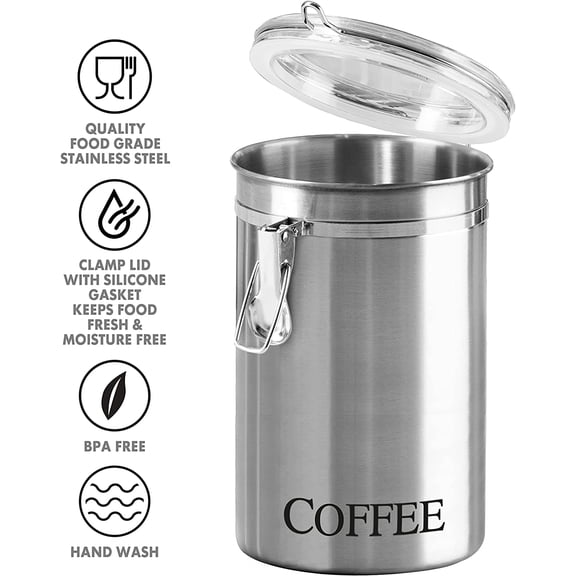 PYAN-Stainless Steel Coffee Canister 62 fl oz - Airtight Clamp Lid, Clear See-Thru Top - Ideal for Coffee Bean Storage, Ground Coffee Storage, Kitchen Storage, Pantry Storage. Large Size 5" x 7.5".