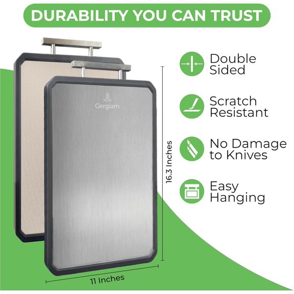 PYAN-Stainless Steel Cutting Board, Double-Sided Wheat Straw and Steel Cutting Board with Cut-Resistant Gloves, Food Grade 16x11" Chopping Board, Dishwasher Safe Easy to Clean