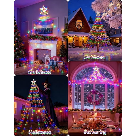 PYAN-Star String Lights, 350 LED Tree Waterfall Fairy Lights, Outdoor Waterproof Christmas Decoration Lights with Remote, 16FT X 9 Hanging LED Lamp for Garden Yard Wedding Birthday Festival, Multicol