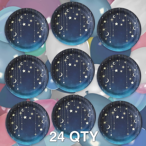 PYAN-Starry Night 10" Plates (24 pack)! Extra Large Round Paper Dinner Plates. Starry Night Party Tableware Supplies.