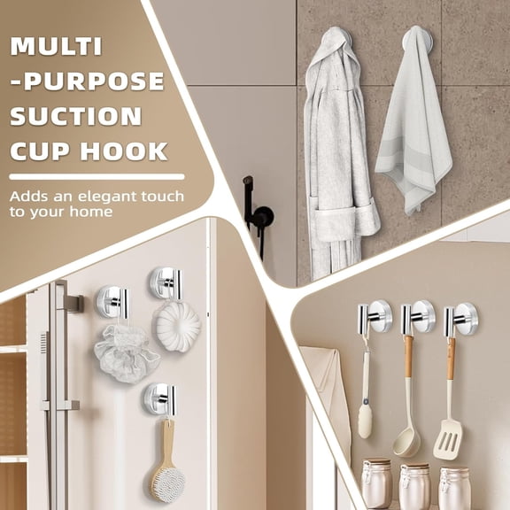 PYAN-Suction Cup Hooks for Shower - Bathroom Reusable Hooks for Towels, Robes & Loofah - No-Drill Mounting on Kitchen,Walls,Metal,Glass,Mirrors,Tile & Smooth Non-Porous Surfaces (2, Chrome Polished)