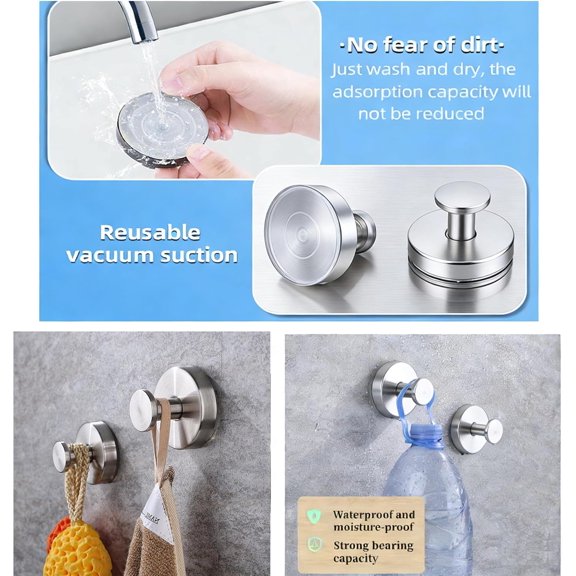 PYAN-Suction Cup Shower Hooks, Towel Hooks for Bathroom Kitchen Door Wall Glass Window Mirror Tile, Bath Robe Looafh Hook, Waterproof,Reusable & Removable, No Drill,Stainless Steel Hooks