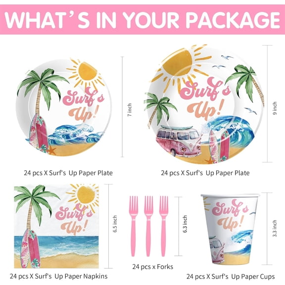 PYAN-Surfs Up Birthday Plates And Napkin Party Decorations Tableware Girls - Pink Surf Party Supplies, Plate, Cup, Napkin, Fork, Summer Hawaiian Beach Wave Surfing Birthday Decorations | Serve 24