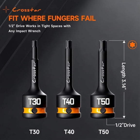 PYAN-T40 T45 T47 Impact Torx Bit Socket Set, 1/2" Drive Cr-Mo Steel, Long High Impact Star Sockets for Automotive & Heavy-Duty Use, Professional Mechanic Tools with Transparent Case