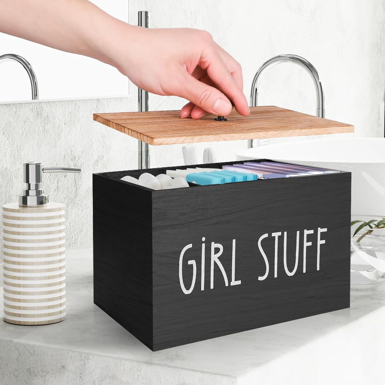 Holz Tampon Box Mit Fchern Holz Tampon & Binden Organizer Mit Deckel   Diskrete Aufbewahrung Frs Bad