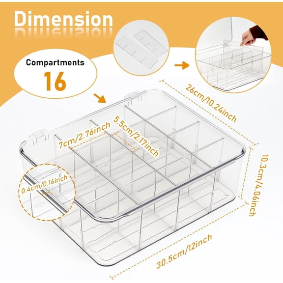 PYAN-Tea Bag Organizer with Lid, Acrylic Tea Bag Holder for Kitchen Cabinet and Countertop, Stackable 16-Compartment Tea Organiser Box for Tea Bags, Coffees, Sugar, Sweeteners, and Drink Packets Stor