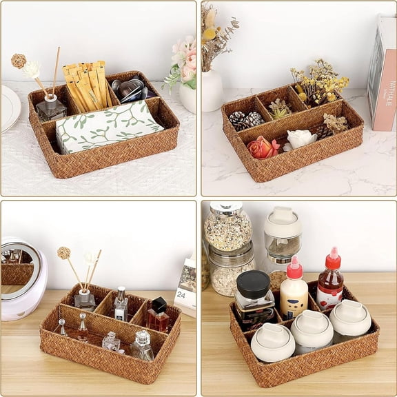 PYAN-Tea Bag Sugar Packet Holder Woven Seagrass Storage Basket 4 Sections Wicker Pantry Organizer Hand-Woven Divided Basket Coffee Condiment Organizer for Drawer Shelf Countertop Caramel