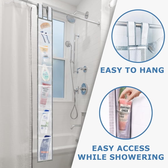 PYAN-TidyFriend Mesh Shower Caddy Hanging 60 x 6 Inches, 2 Pack Mesh Hanging Organizer with 7 Pockets, 100% Polyester, Adjustable Velcro Strap or Hook
