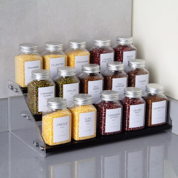 PYAN-Tiered Spice Rack, 3-Tier Spice Pantry Kitchen Cabinet Organizer, 12-Inch, Natural Wood Acrylic Stair Riser Stand, Countertop Seasoning Shelf (Black)