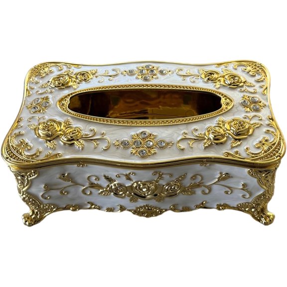 PYAN-Tissue Box Holder Acrylic Napkin Cover Luxurious European Style Rose Tissue Box Cover Gold Plated for Home Decor, Bedroom, Living Room, Office, Church (White)