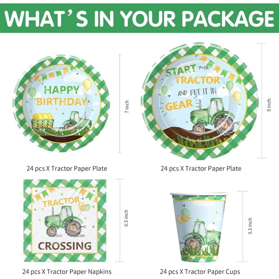 PYAN-Tractor Birthday Decorations Tableware, Farm Theme Green Tractor Birthday Party Supplies, Paper Plate, Cup, Napkin, Tablecloth, Disposable Cutlery, Straw, Serves 24