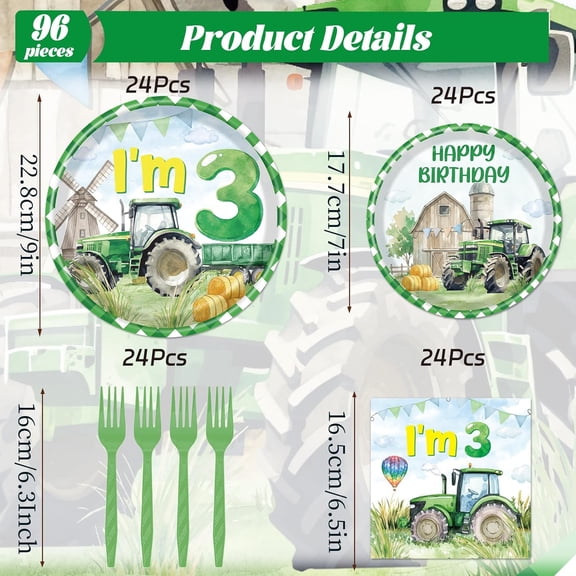 PYAN-Tractor Birthday Party Decorations, 96PCS Tractor 3rd Birthday Disposable Paper Plates and Napkins Decorations, Farmer Themed 3 Years Old Tractor Decor Supplies Serve 24