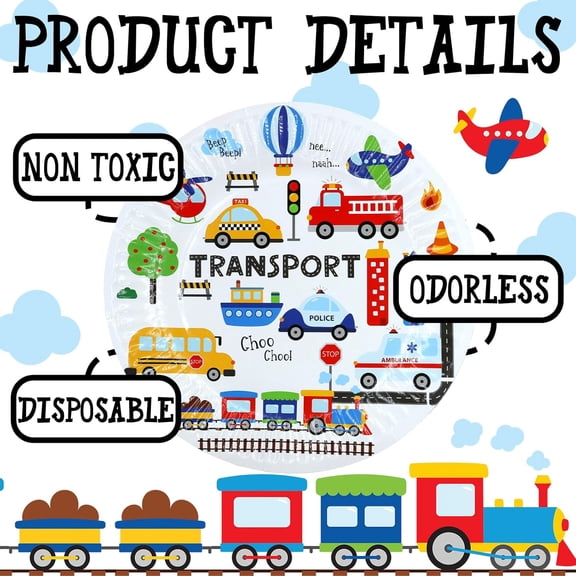 PYAN-Transportation Party Supplies - Theme Birthday Party Tableware Set with Plates, Napkins, and Forks