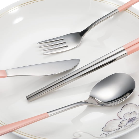 PYAN-Travel cutlery set, 18/8 stainless steel cutlery, Reusable utensils set with case, Portable Silverware Lunch Box for Camping and Office (Pink/knife set)