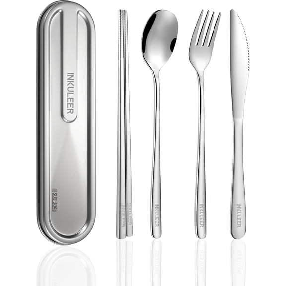 PYAN-Travel cutlery set, 18/8 stainless steel cutlery, Reusable utensils set with case, Portable Silverware Lunch Box for Camping and Office-Stainless steel