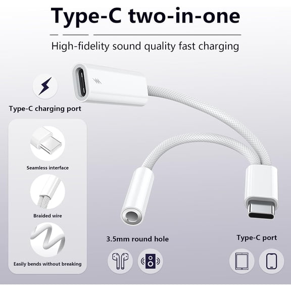 PYAN-USB C to 3.5mm Headphone and Charger Adapter, 2-in-1 USB Type C to Aux Jack Dongle Cable with PD 60W Fast Charging for iPhone 15 16 17 Pro Max Air,Galaxy S23 S24 S25 Ultra, Note 20, iPad Pro (2)