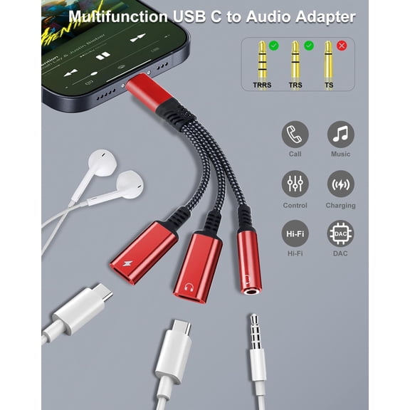 PYAN-USB-C to 3.5mm Headphone and Charger Adapter, 3 in 1 Dual Type C Aux Splitter Charger Headphone Jack Dongle Cord Compatible for iPhone 15/16/17 Pro/Max/Plus, iPad, Samsung Galaxy S23/S24 Ultra (