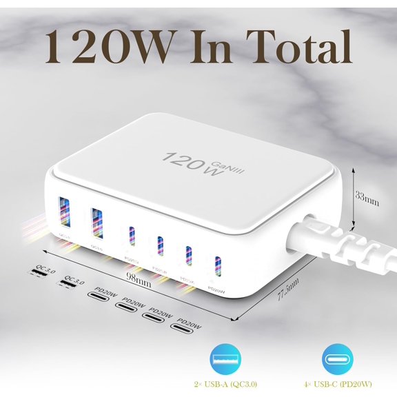 PYAN-USB C Charger Block, 120W GaN 6 Port Fast Charging Station Hub for Multiple Devices, PD 3.0 USB Wall Charger Power Strip Adapter Compatible with All iPhone 17 iPad Samsung Android Pixel Series