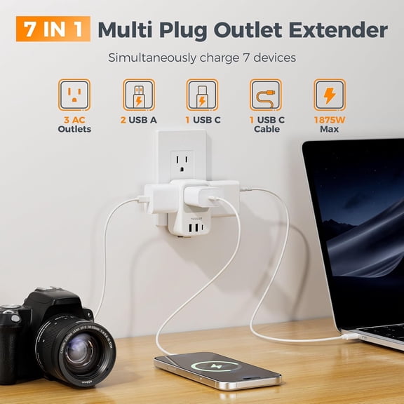 PYAN-USB C Charger Block, Multi Plug Wall Outlet Extender with 3 USB, Retractable USB-C Cable, 3 Side Multi Port Adapter for Cruise, Bathroom, Office, Dorm Essentials