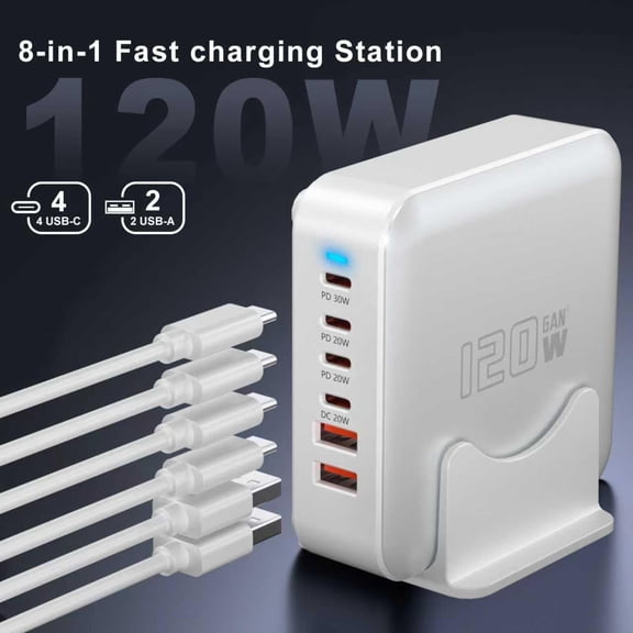 PYAN-USB C Fast Charger Block, 120W 6-Port Charging Station GaN Hub Adapter, USB C Wall Multi Charger Power Strip Plug with On/Off Switch for iPad iPhone 17 16 15 14 13 12 Pro Max Galaxy S23 (White)