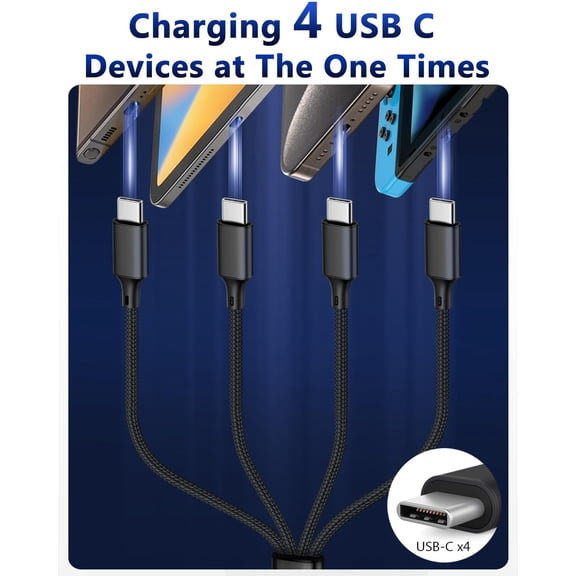 PYAN-USB C Splitter Multi Charging Cable, USB A/C Fast Charging Cord, 4 in 2 Multi Charger Cable with 4 Type-C Connectors for iPhone16/15 Series/Cell Phones & Pads-2Pack 4FT Black