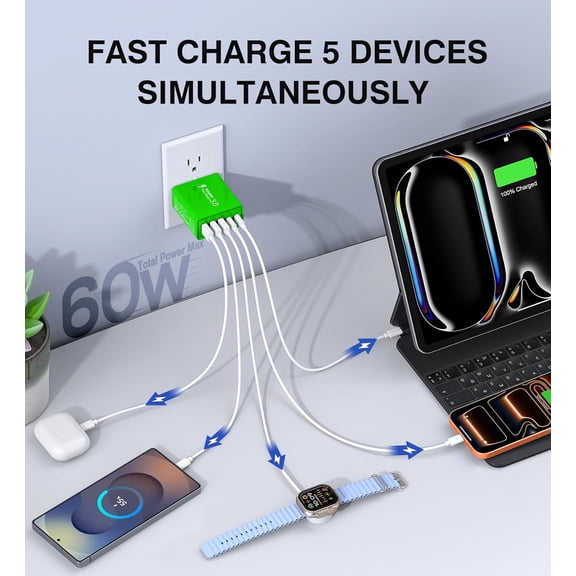 PYAN-USB C Wall Charger, 60W USB C Charger Block 5-Port PD Fast Charging Blocks,USB A Multiport Plug Brick Cube,Dual Type C Power Adapter for iPhone 17/16/15/14/13/Pro,iPad,Samsung,for SwitchGreen 2