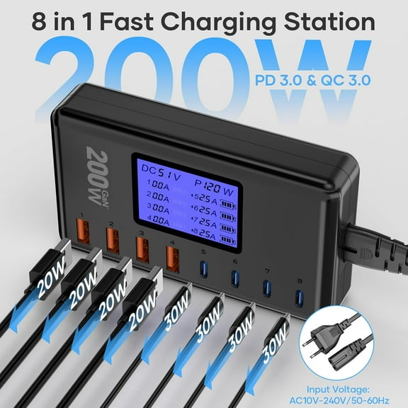 PYAN-USB Charging Station, 200W 8-Port Electric sockets for Multiple Devices, USB-C PD Electrical Plugs, USB Charger Hub Compatible with iPhone, Samsung and More-Black