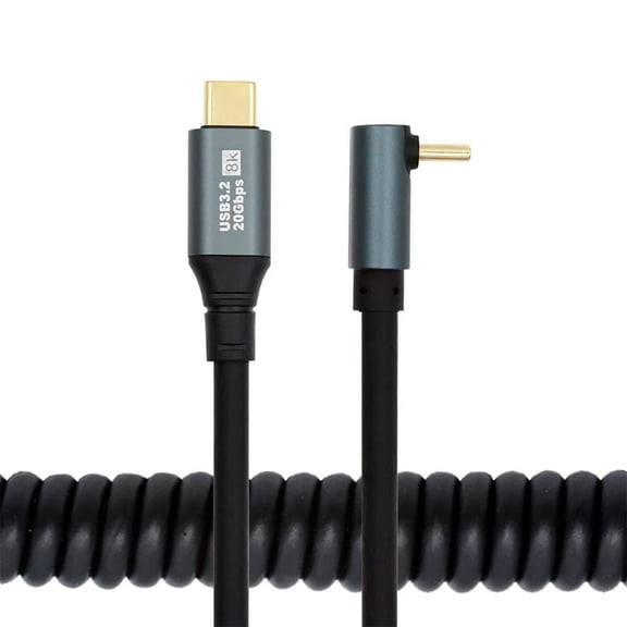 PYAN-USB4 Stretch Type-C Up Angled Male to Male Extension Cord, 20Gbps 100W 8K Keyboard Coiled USB-C Charger Data Cable for Laptop Tablet