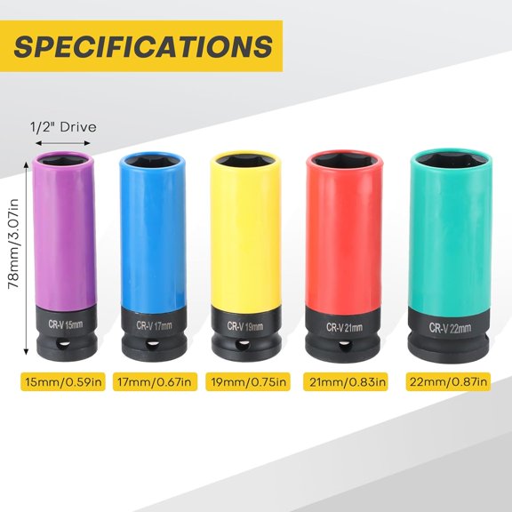 PYAN-Ultimate Wheel Protector Impact Socket Set | 1/2 Inch Drive Lug Nut Socket, Non-Marring Thin Wall Design, CR-MO Alloy, Color-Coded Protective Sleeve, 6-point(15 17 19 21 22 mm)