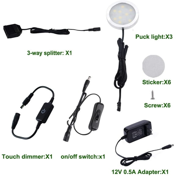 PYAN-Under Cabinet LED Puck Lighting Kit Black Cord with Touch Dimmer Switch for Kitchen Showcase Cupboard Closet Lighting 3 Lights 6W (Warm White)