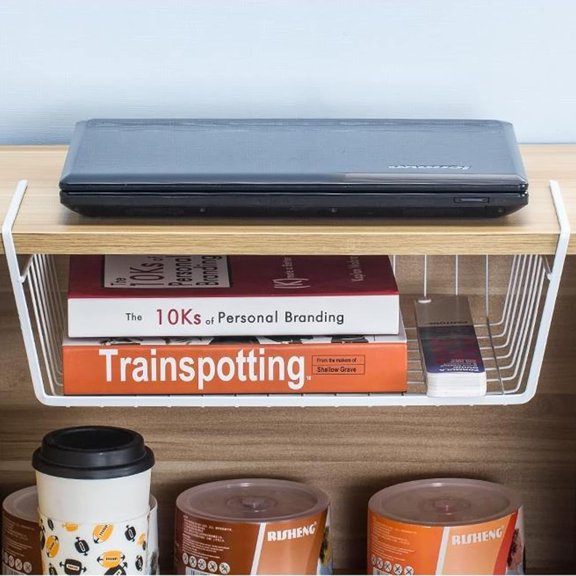 PYAN-Under Shelf Basket, 2 x Medium Metal Wire Kitchen Storage Basket, Space Saving Sliding Organizer for Pantry, Cabinet & Closet Shelves, 22 lb Capacity, White