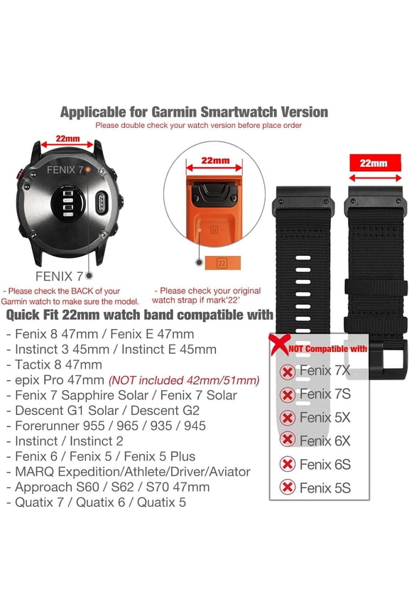 -Upgraded Quick Fit 22mm Nylon Watch Bands for Garmin Fenix 8 47mm / Fenix 7 / epix Pro 47mm, Adjustable Webbing Sports Strap with Stainless Steel Clasp for Instinct 3 45mm, Fenix 6/5