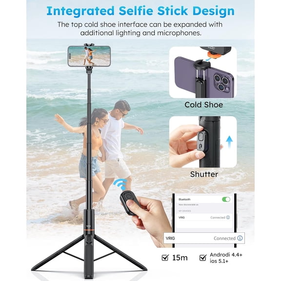 PYAN-VRIG 63" Phone Tripod Extension Selfie Stick Monopod Pole,Portable Cell Phone Tripod Holder with Remote Control,Extendable iPhone Tripod Stand Adjustable for iPhone 16 15 14 13 Samsung Android