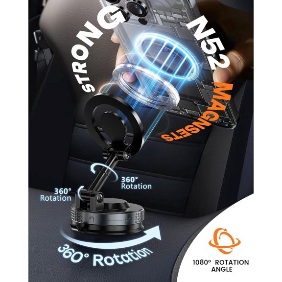 PYAN-Vacuum Magnetic Phone Holder, Upgraded Suction Phone Mount, 360 Adjustable Car Phone Holder for MagSafe, Phone Holders for Your Car/Gym/Mirror, Compatible with iPhone & Android Smartphones