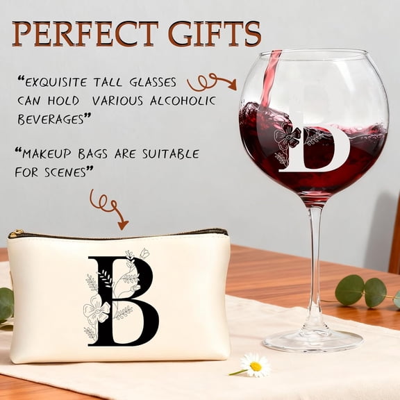 PYAN-Valentines day Mothers day Gifts for Women, Monogrammed Wine Glasses with Makeup Bag, Unique Wedding White Elephant Gifts for Mom Dad Sister Teacher Wife Husband (B)