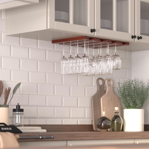 PYAN-Vigo 2 Sectional Adjustable Under Cabinet Mount Wood Stemware Rack Hanging Shelf Glassware Holder Bar Organizer with up to 6 Wine Glass Storage 11 Inch Deep Mahogany