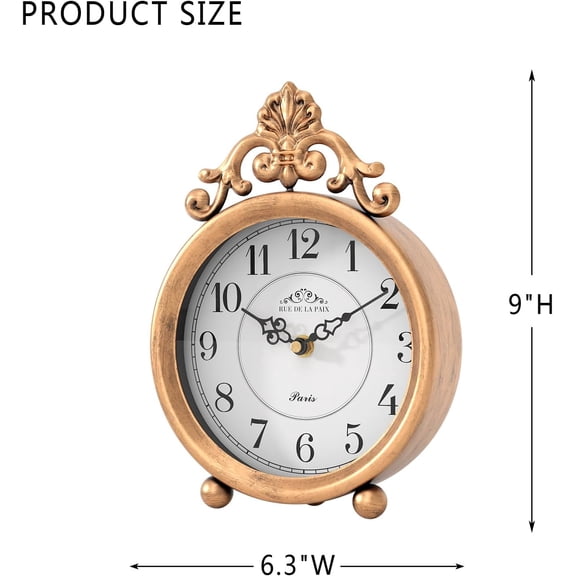 PYAN-Vintage Gold Table Clock, Desk and Shelf Mantel Clock, French Rustic Antique Style Decor Clocks, for Farmhouse, Bedroom, Living Room, Bedside, Gift (9" H x 6.3" W)
